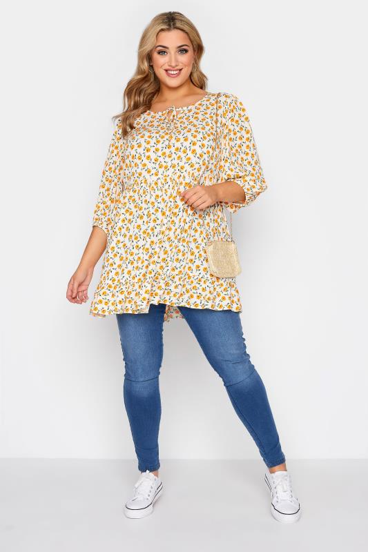 LIMITED COLLECTION Plus Size White & Yellow Floral Frill Hem Tunic Top | Yours Clothing  2