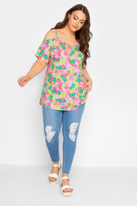 YOURS Curve Plus Size Pink Floral Cold Shoulder T-Shirt | Yours Clothing  3
