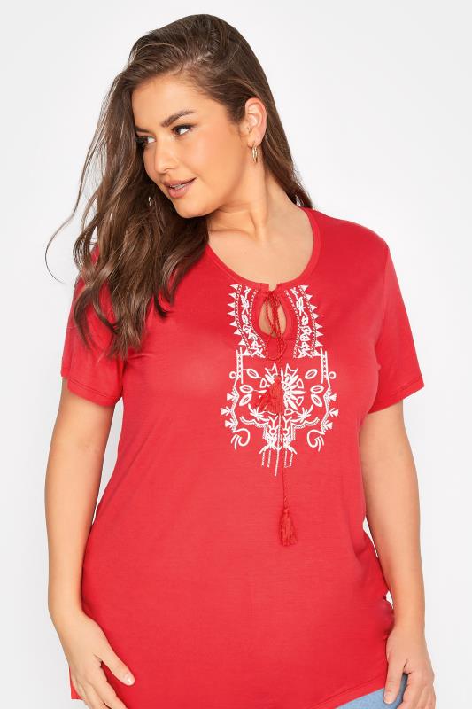 Curve Red Aztec Embroidered Tie Neck T-Shirt_D.jpg