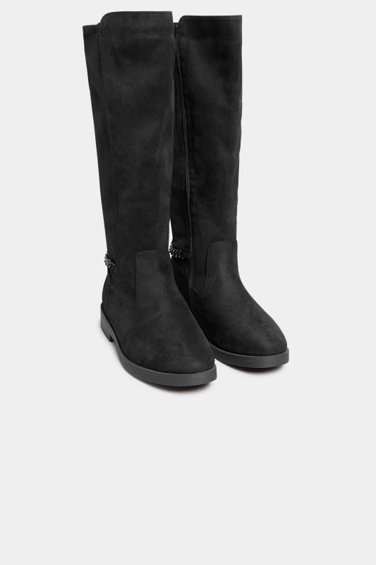 Curve Black Suede Knee High Chain Detail Boots In Wide E Fit & Extra Wide EEE Fit 2