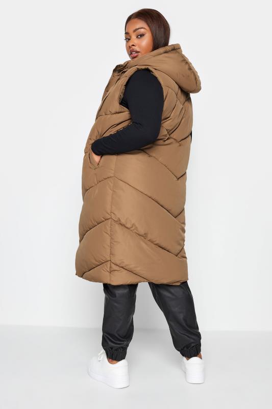 YOURS Curve Brown Quilted Longline Hooded Gilet | Yours Clothing 5