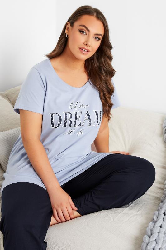 Plus Size Blue 'Let Me Dream All Day' Wide Leg Pyjama Set | Yours Clothing 4