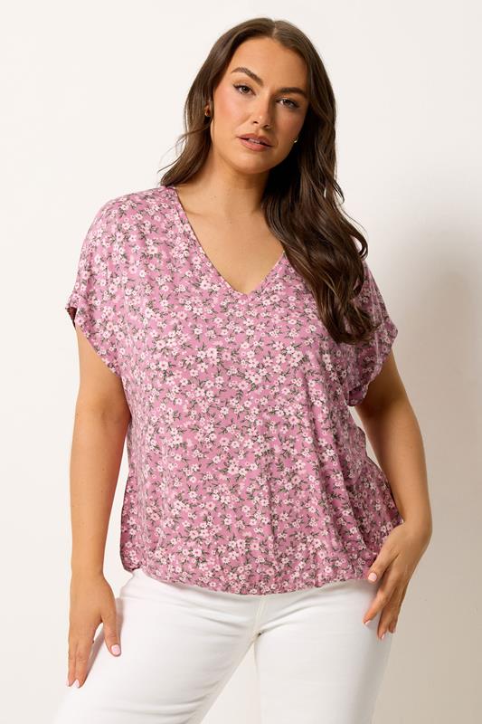  YOURS Curve Pink Floral Grown-On Sleeve T-Shirt