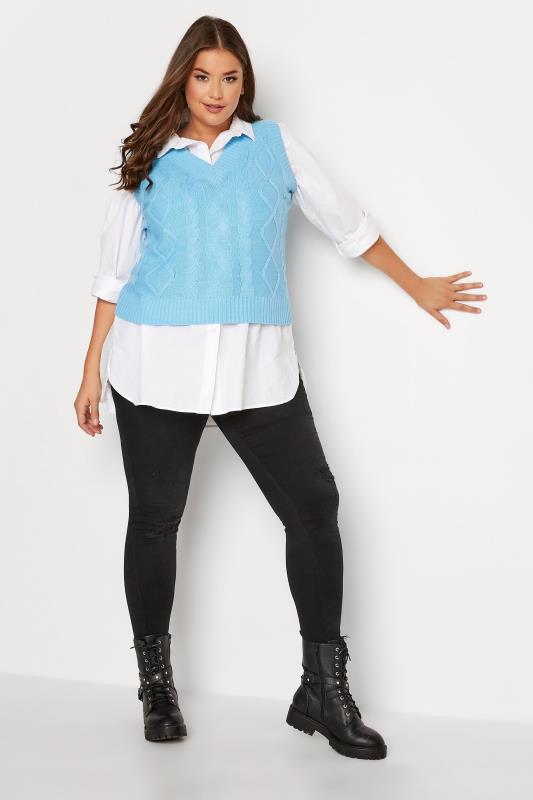 Plus Size Blue Cable Knit Sweater Vest Top | Yours Clothing 2