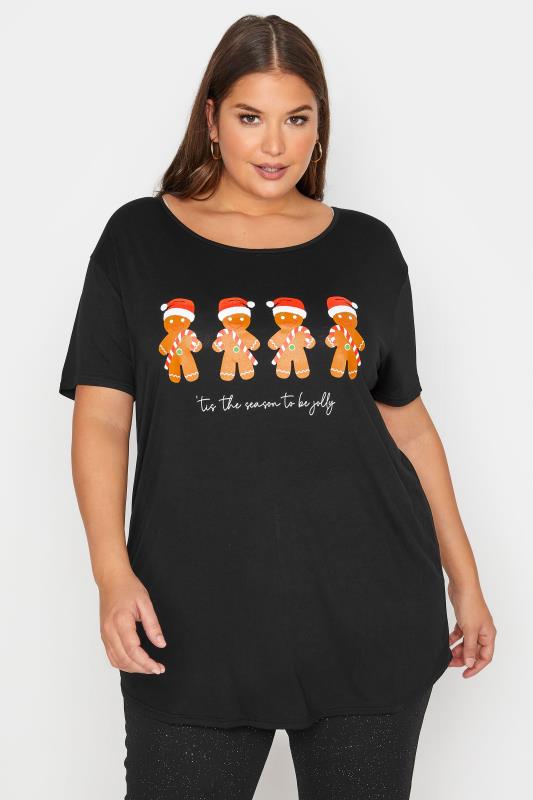  Tallas Grandes Black Gingerbread Print Christmas T-Shirt