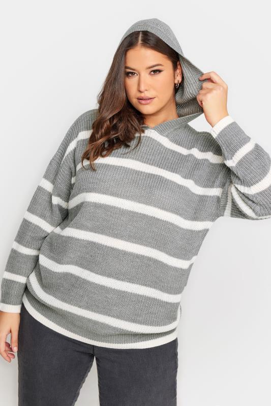 YOURS Curve Grey Striped Hooded Jumper | Yours Clothing 2