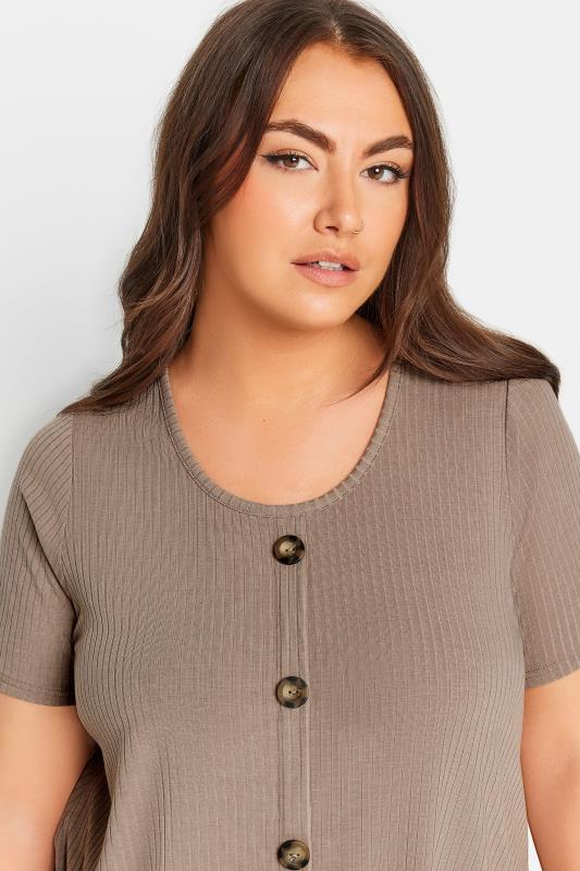 YOURS Plus Size Mocha Brown Button Front Ribbed Swing Top | Yours Clothing 4