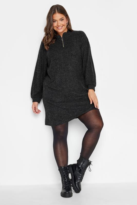 YOURS Plus Size Charcoal Grey Soft Touch Zip Neck Jumper Dress | Yours Clothing 1