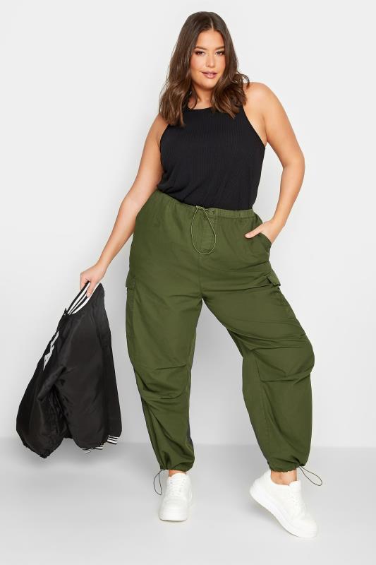 YOURS Curve Plus Size Khaki Green Cargo Parachute Trousers | Yours Clothing  2