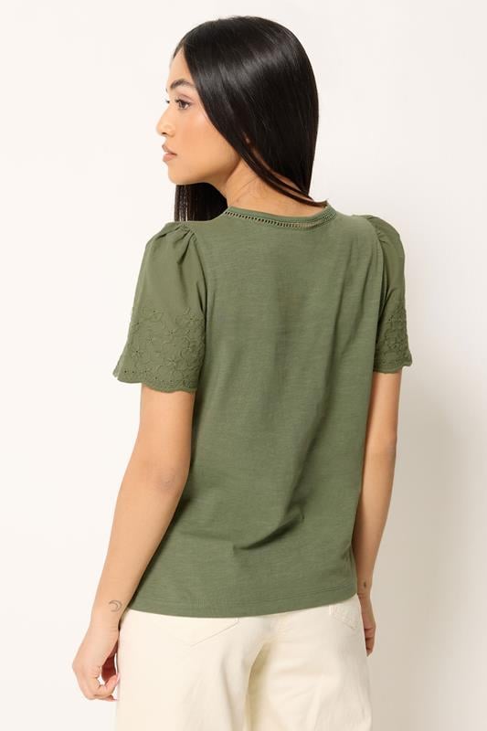 M&Co Petite Khaki Green Embroidered Sleeve Cotton T-Shirt | M&Co 2