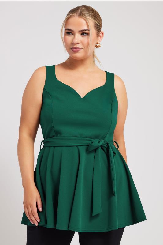 YOURS LONDON Plus Size Green Sleeveless Peplum Top | Yours Clothing 1