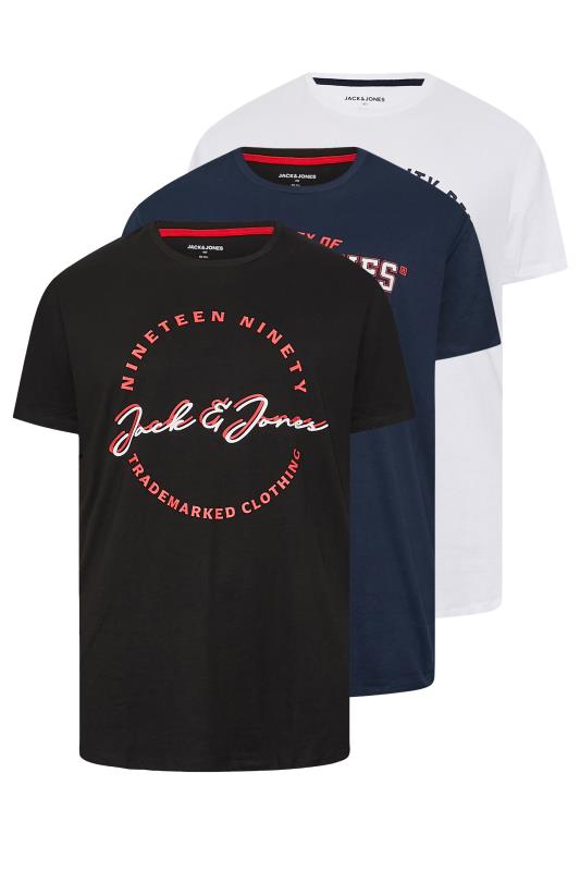 JACK & JONES Big & Tall 3 Pack Black & White Printed Logo T-Shirts | BadRhino 3