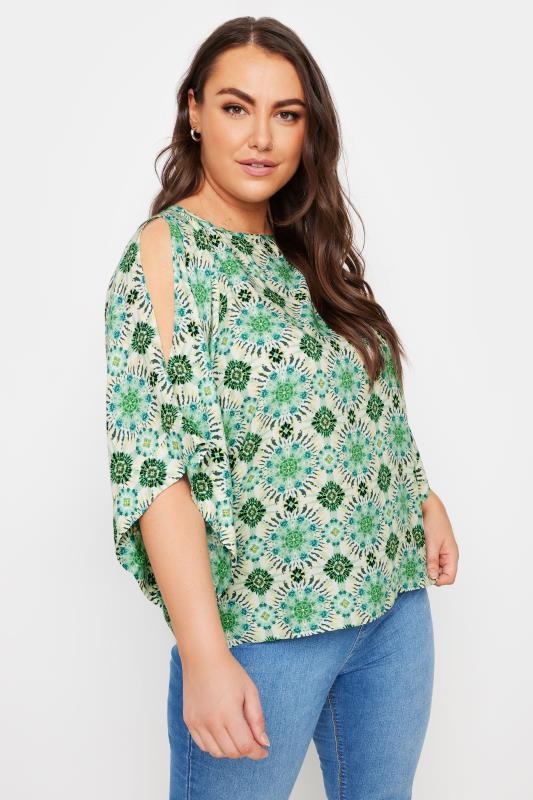 YOURS Plus Size Green Abstract Print Cold Shoulder Blouse | Yours Clothing 1