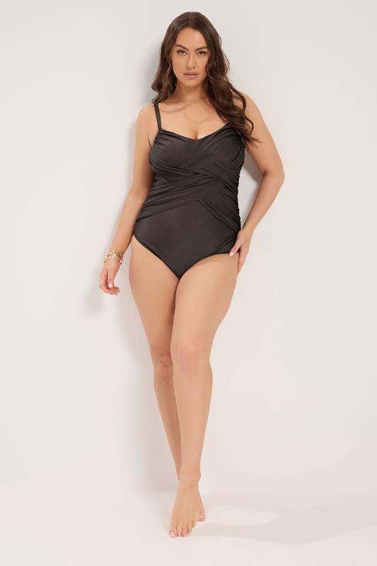 YOURS Plus Size Chocolate Brown Crossover Super Sculpt Swimsuit | Yours Clothing 1