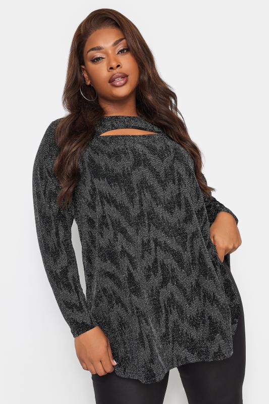 YOURS Plus Size Black & Silver Glitter Cut Out Swing Top | Yours Clothing 1