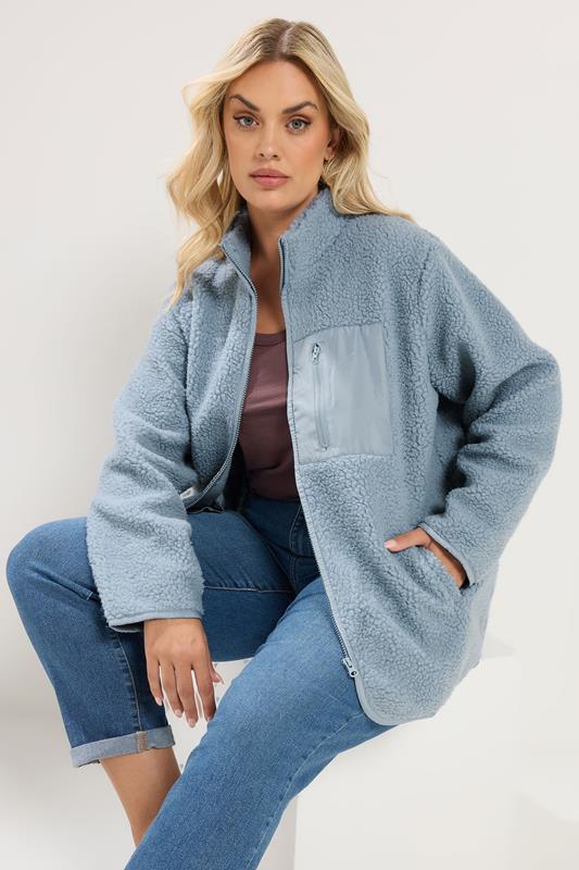 YOURS Plus Size Blue Teddy Borg Zip Through Fleece | Yours Clothing 1