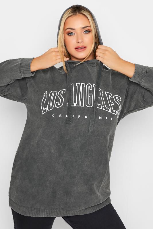 Plus Size Charcoal Grey 'Los Angeles' Slogan Hoodie | Yours Clothing 4