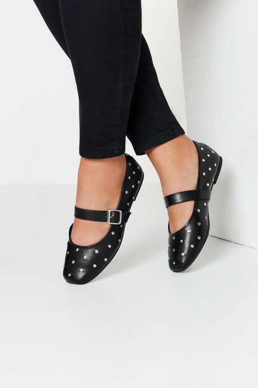 Black Faux Leather Studded Mary Jane Ballet Pumps In Extra Wide EEE Fit | Yours Clothing 2