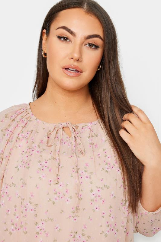 YOURS Plus Size Pink Floral Print Tie Neck Blouse | Yours Clothing 4