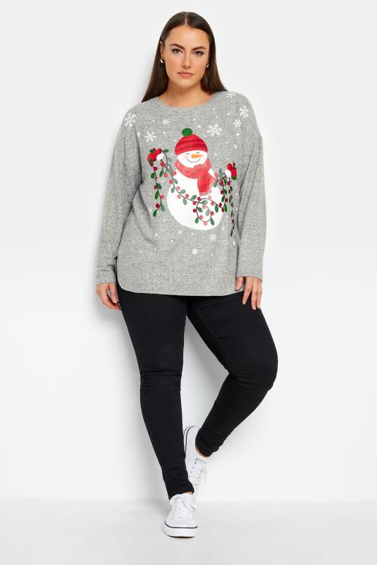 YOURS Plus Size Grey Snowman Print Soft Touch Christmas Jumper | Yours Clothing 2