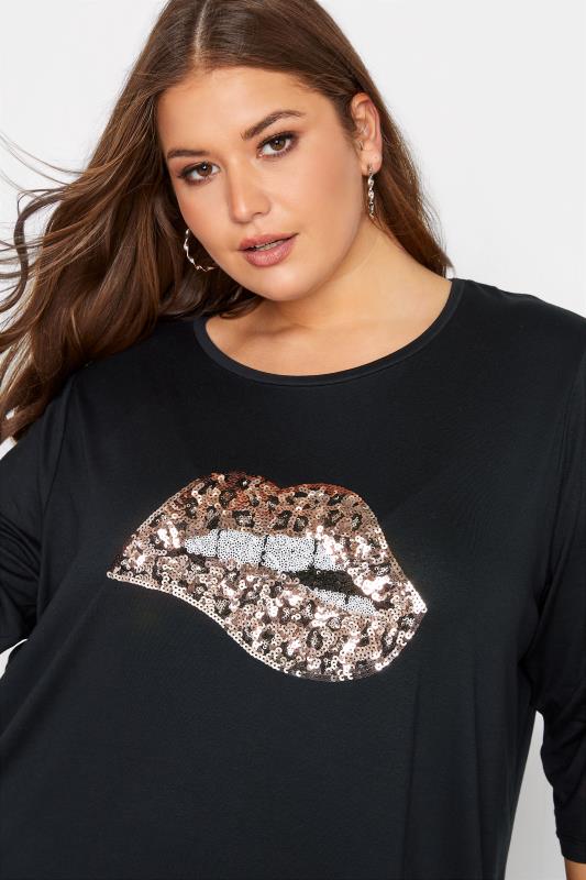 Plus Size Black Sequin Lip Print T-Shirt | Yours Clothing 4