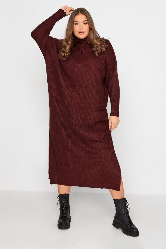 Plus Size Burgundy Red Knitted Jumper Dress | Yours Clothing 1