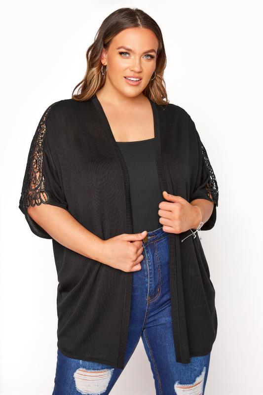 Plus Size  Curve Black Lace Sleeve Kimono Cardigan