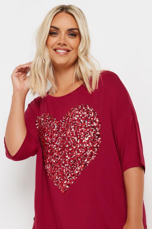 YOURS Plus Size Red Heart Sequin Embellished T-Shirt | Yours Clothing  4