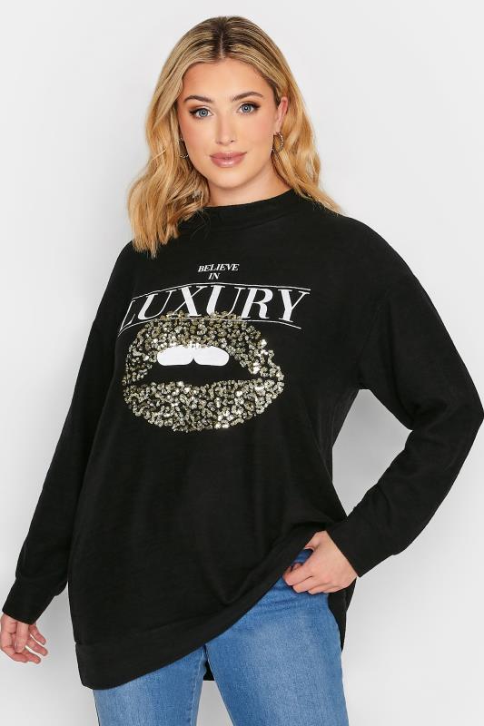  YOURS Curve Black Glitter Lips Print 'Believe In Luxury' Slogan Soft Touch Top