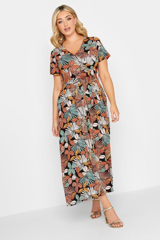 YOURS Plus Size Black & Orange Leaf Print Maxi Dress | Yours Clothing 1