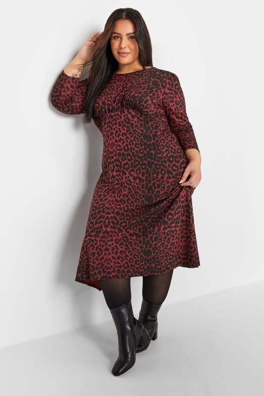 Petite Womens Dark Red Leopard Print Midi Dress | PixieGirl 1