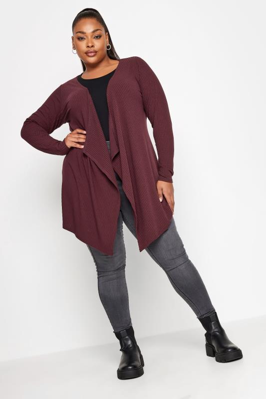 Plus Size  YOURS Curve Burgundy Red Ribbed Waterfall Cardigan