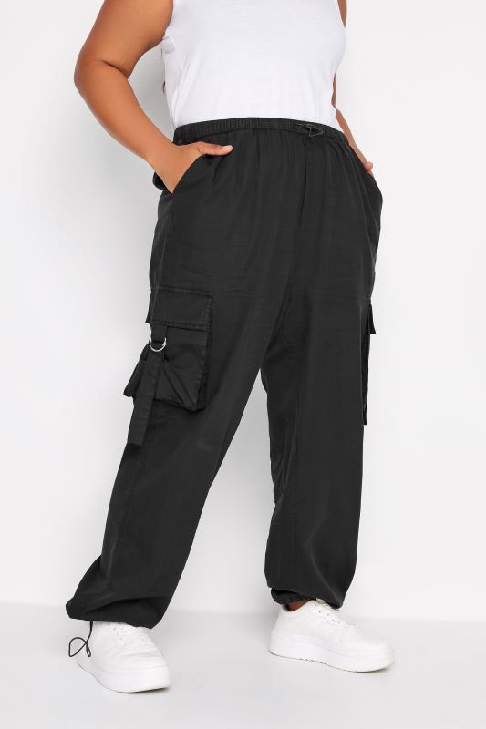 YOURS Plus Size Black Cargo Parachute Trouser | Yours Clothing 1