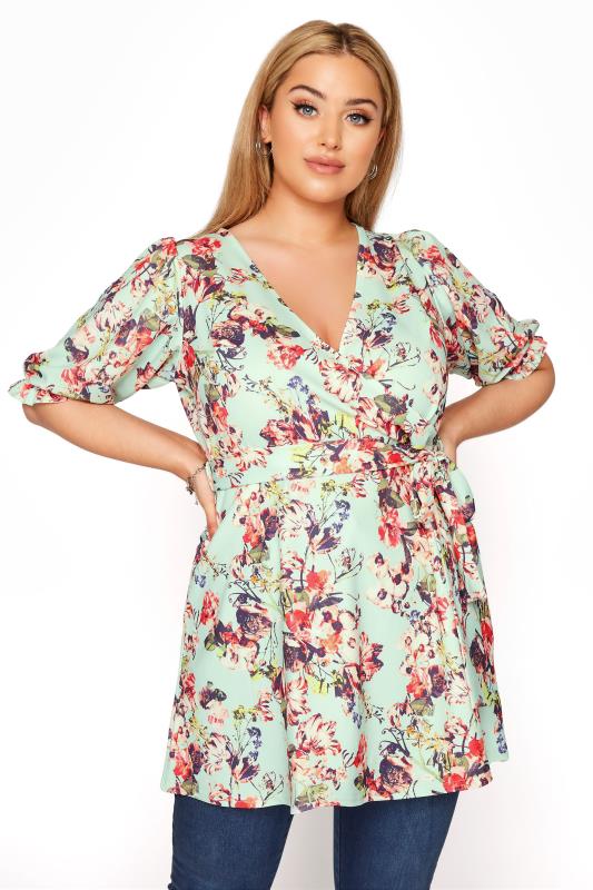 YOURS LONDON Sage Green Floral Puff Sleeve Wrap Top_A.jpg