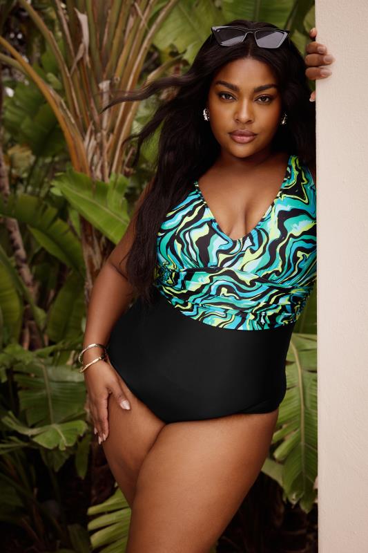 Plus Size  YOURS Curve Black Abstract Contrast Plunge Swimsuit