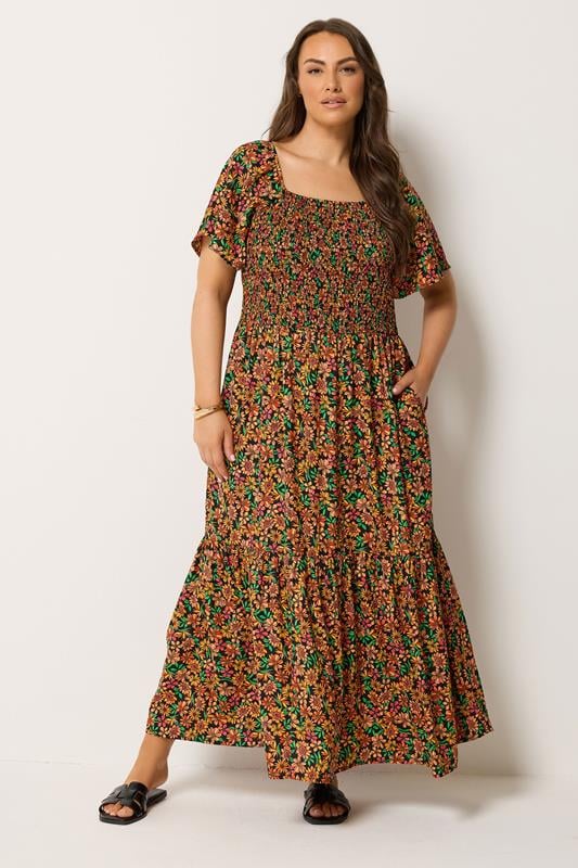  YOURS Robe longue smockée noire à fleurs