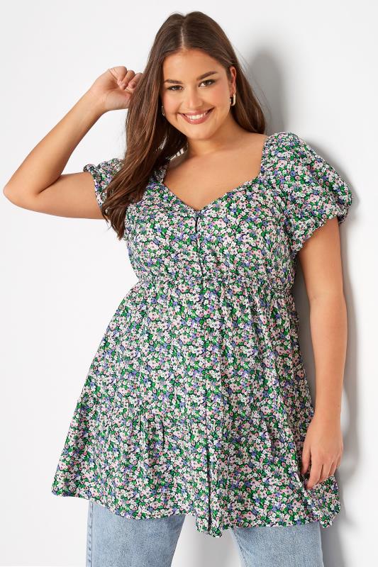 Plus Size  Curve Green Floral Puff Sleeve Button Tunic Top