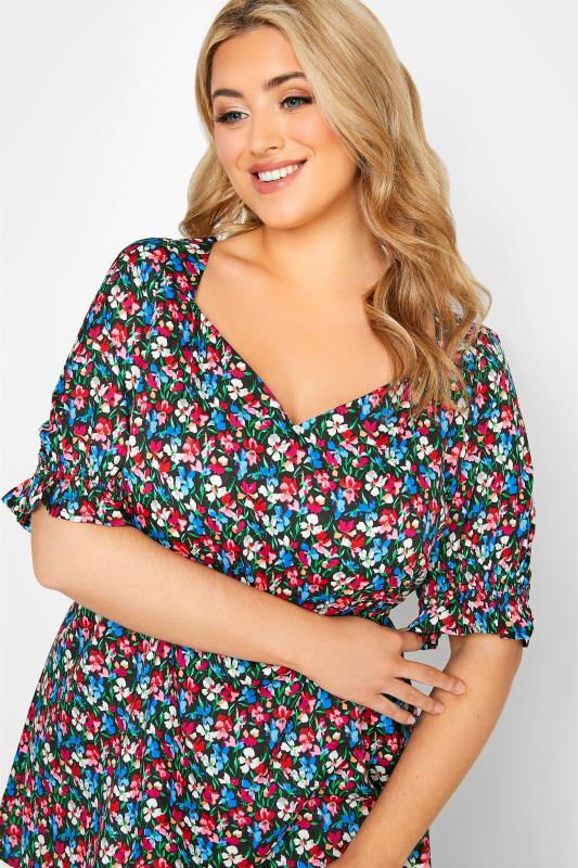 LIMITED COLLECTION Plus Size Black Floral Print Puff Sleeve Peplum Top | Yours Clothing 4