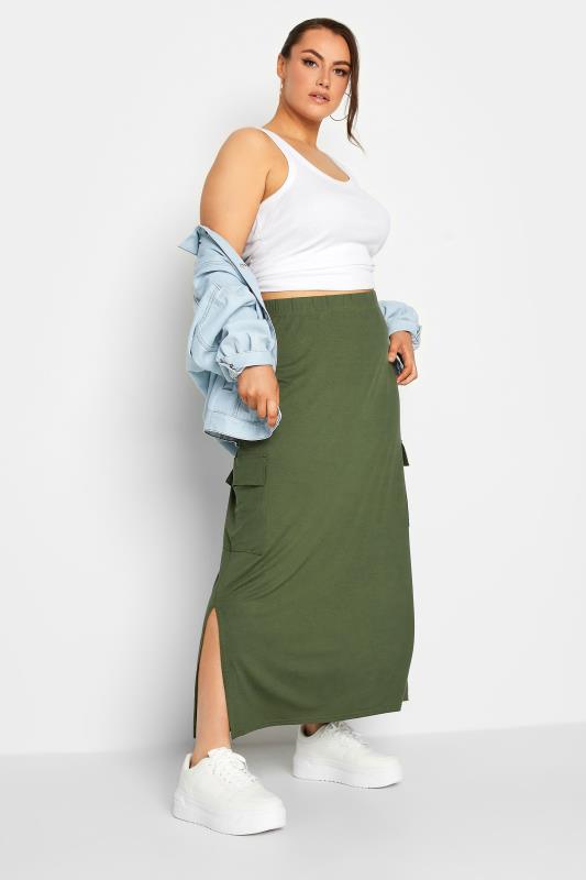 Yours Plus Size Khaki Green Maxi Cargo Skirt | Yours Clothing 2
