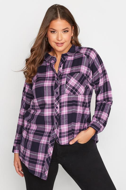Curve Pink & Purple Long Sleeve Check Shirt | Yours Clothing 1