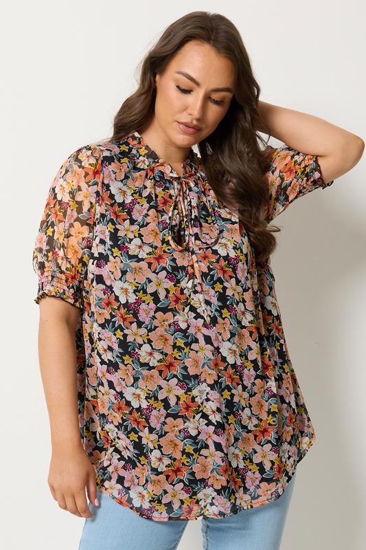 YOURS Curve Pink Floral Print Frill Neck Blouse