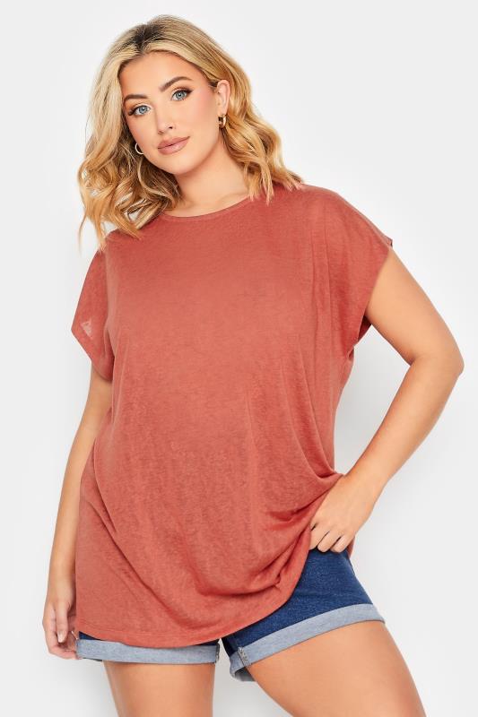 YOURS Curve Plus Size Rust Orange Linen Look T-Shirt | Yours Clothing 1