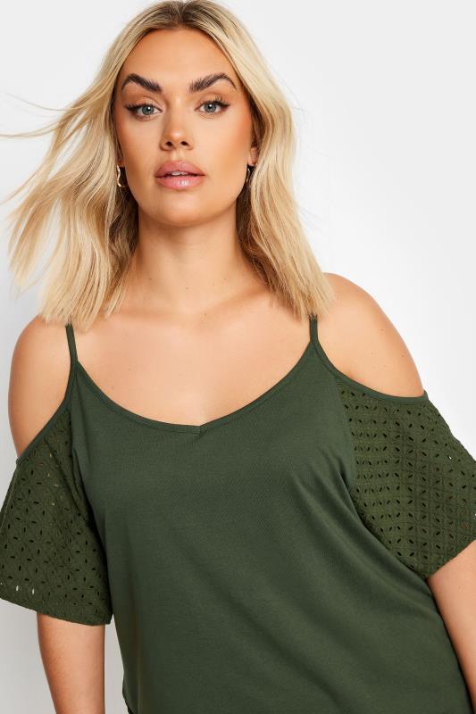 YOURS Plus Size Khaki Green Broderie Anglaise Cold Shoulder Top | Yours Clothing 4