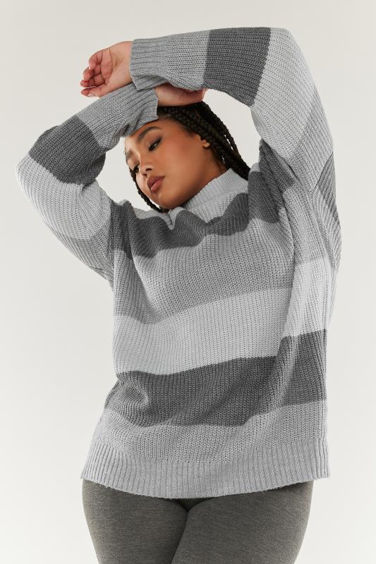 YOURS Plus Size Grey Stripe High Neck Knitted Jumper | Yours Clothing 1