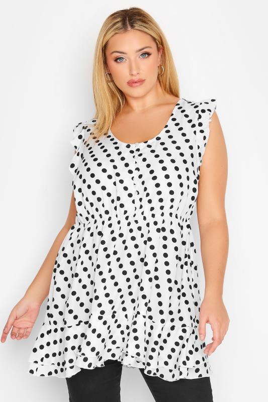 Plus Size White Polka Dot Print Frill Sleeve Smock Top | Yours Clothing 1