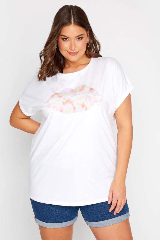 YOURS Plus Size White Lips Print T-Shirt | Yours Clothing 1