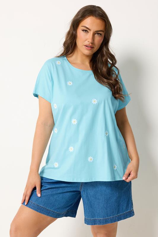  YOURS Curve Light Blue Embroidered Daisy T-Shirt