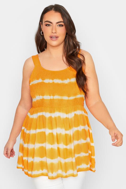 Plus Size  YOURS Curve Yellow Tie Dye Shirred Peplum Vest Top