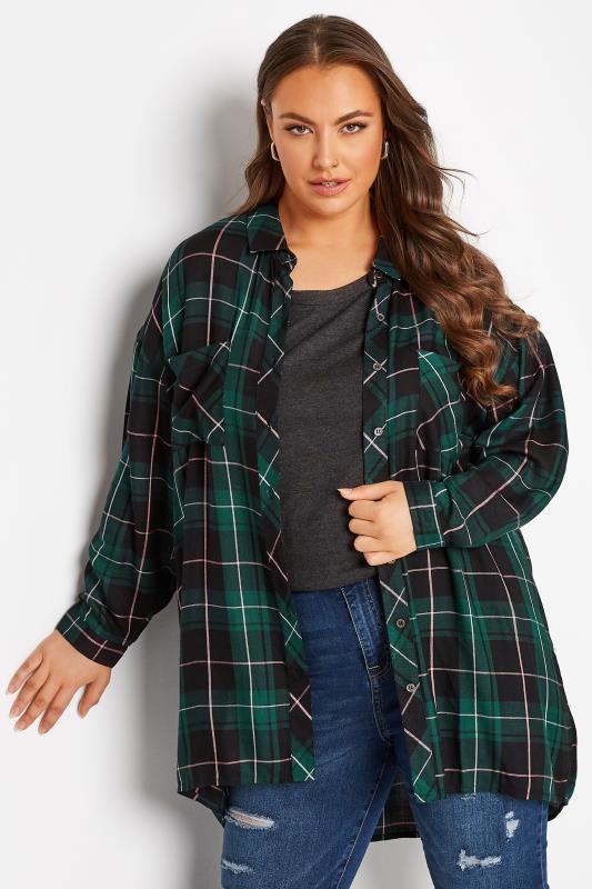 Plus Size Green Check Button Through Shirt | Yours Clothing  1
