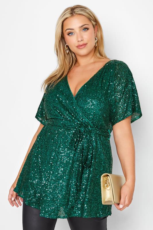 Plus Size  YOURS LONDON Curve Emerald Green Sequin Embellished Wrap Top